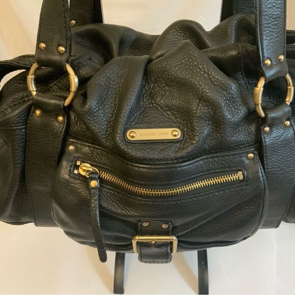 Michael Kors Leather Duffle Handbag black front buckle drawstrings side leather - Picture 2 of 14